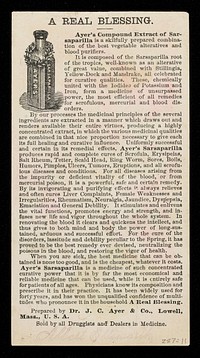 Ayer's Sarsaparilla purifies the blood, stimulates the vital functions, restores and preserves health ... / prepared by Dr. J.C. Ayer & Co., Lowell, Mass, U.S.A.