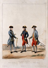 Three French army officers of the reign of Louis XVI in military dress: the inspectors of doctors, surgeons and the barracks. Coloured lithograph by G. David, 1854, after A. de Marbot.
