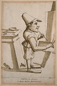 A male dwarf, painting. Colour etching by A. Pond, 1736, after A. Carracci.