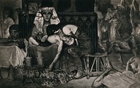 An Egyptian father holding the body of his dead young son in his lap while the mother of the boy buries her head in his lap. Etching by A. Mongin after a painting by Sir Lawrence Alma-Tadema.