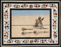 A musician playing a string instrument, with other instruments on the ground. Gouache painting by an Indian artist.