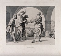 Christ is paraded before the people wearing a crown of thorns. Etching by F.P. Massau after J.F. Overbeck, 1848.