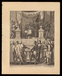 Pontius Pilate, seated on the judgment seat, receives a message from his wife that he should have nothing to do with Christ. Engraving after J. Stella.