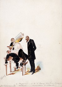The Panama Canal: Baron de Reinach, one of the promoters of the canal, is forced to swallow poison. Watercolour drawing by H.S. Robert, ca. 1897.