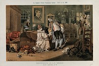 Spencer Compton Cavendish, Marquess of Hartington, has been stabbed by his wife's lover (W.E. Gladstone) with a sword on which is written "duplicity". Colour lithograph by Tom Merry, 7 November 1885, after W. Hogarth.
