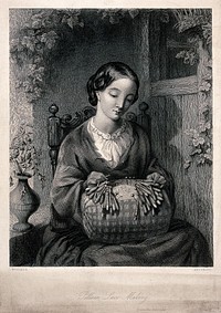 A woman sitting on a chair making lace on a lace-pillow. Engraving by Thomas Sherratt after A.J. Woolmer.