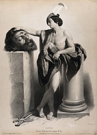 David rests his hand on Goliath's severed head. Lithograph by B-R. Julien, 1845, after G. Reni.