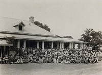 The Pasteur Institute Hospital, Kasauli, India: Indian patients grouped outside the inoculation building. Photograph, ca. 1910.