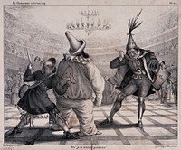 At the Opéra ball, King Louis Philippe (centre) as a clown is confronted by Charles Philipon (right, representing the journal Caricature) and Louis Desnoyers (left, representing the journal Charivari), both dressed as jesters. Lithograph attributed to Korff, 1834.