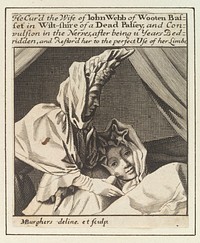 Mrs John Webb, being nursed when sick in bed with "a dead palsey, and ... convulsion in the nerves", before being cured by Sir William Read. Engraving by M. Burghers, ca. 1700.