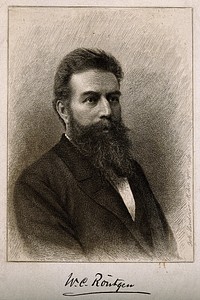 W. C. Roentgen, professor of physics at Giessen, Wuerzburg and Munich, discoverer of X-rays. Reproduction of etching by J. Lindner-Mohn, 1900.