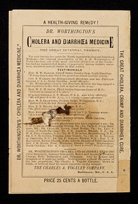 Dr. Worthington's "Cholera and Diarrhoea Medicine" : the great animal puzzle.