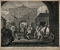 Calais gate: the Host is administered to sick people, while emaciated and ragged French people go about their business. Etching by C. Mosley after W. Hogarth.