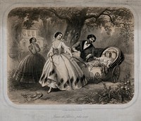 A little girl seated in a baby carriage urges her mother to pull faster in order to overtake her father who is seated in a wheelchair. Lithograph by Régnier Bettannier et Morlon after N. Bassaget, 1864.