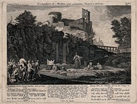 Christ heals the haemorrhaging woman; women wash their linen in a pond. Etching by G. Bodenehr after C.J. Vernet and J.C. Tardieu.