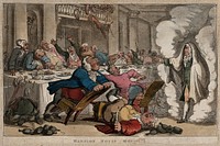 A vision of the first Mayor of London appears to the feasting Aldermen and warns them against luxury. Coloured etching by T. Rowlandson, 1809.