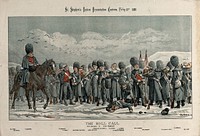 British politicians including W.E. Gladstone, Rosebery, Chamberlain and Earl Spencer, in the role of British soldiers in Crimea in the painting 'The roll call' by Elizabeth Thompson (Butler). Colour lithograph by Tom Merry, 13 February 1886.