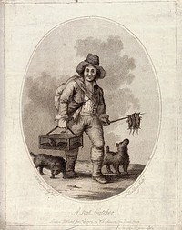 A rat-catcher (accompanied by two dogs) carrying a cage of live rats in his right hand and a sharpened wooden stick with dead rats dangling from it in his left. Stipple engraving by J. Baldrey, 1789, after H.W. Bunbury.