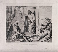 The resurrected Christ appears before terrified soldiers. Etching by B. Bartoccini after F. Overbeck, 1848.
