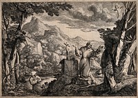 Saint Francis of Assisi receiving the stigmata of Christ from a seraph; mount Alverna in the background. Etching by G.F. Grimaldi, 16--.