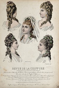 The heads and shoulders of five women with their hair combed back and dresed with high chignons and flowers; the central figure wears a wedding veil. Coloured line block, 1876.