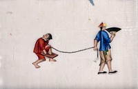 A Chinese man being punished with stocks : the man is shown walking with one arm and one leg encased in 'stocks', while another man leads him on a chain. Gouache painting on rice-paper, 18--.