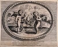 A putto with an arrow in his heart is asking a putto who is holding a urine flask for help; comparing love to medical treatment of a wound. Engraving, 16--.