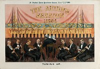 A band is tuning up in a theatre; the stage curtain is inscribed "The autumn session 1890-1". Colour lithograph by Tom Merry, 22 November 1890.