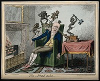 A man suffering from headache in the form of devils. Coloured etching by G. Cruikshank, 1835, after Captain F. Marryat.