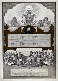 The Holy Shroud of Turin, the Sainte Chapelle at Chambery and S. Giovanni Battista at Turin; the encounter of Duke Emanuel Philibert of Savoy with Saint Carlo Borromeo at the Porta Palatina; the entombment of Christ' and the presentation of the Holy Shroud to Godfrey of Bouillon in Jerusalem. Colour lithograph by A. Layolo.