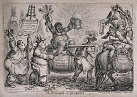 A triumphant American slave woman representing quassia (ingredient in acoholic drinks) is carried aloft by two brewers; representing the outcry against a tax on private brewing . Etching by J. Gillray, 1806.