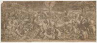 The crucifixion of Christ ('The Great Crucifixion'). Engraving by Agostino Carracci, 1589, after G. Robusti, il Tintoretto.