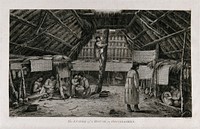 Interior of a house occupied by men, women and children in Unalaska, Alaska, visited by Captain Cook on his third voyage (1777-1780). Engraving by W. Sharp, 1784, after J. Webber.