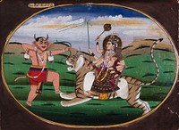 Devi Durga in battle with a demon. Gouache painting by an Indian artist.