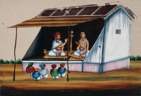 Two men reciting the Ramayana to an audience. Gouache painting on mica by an Indian artist.