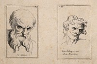 A bearded man glowering with jealousy (left) and a man expressing jealousy or hatred. Etching by B. Picart, 1713, after C. Le Brun.