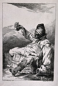 A drunkard sits on a barrel spilling drink from a jug and glass. Etching by R. Blyth after P. J. de Loutherbourg.
