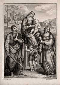 The Virgin Mary with the Christ Child and Saint John the Baptist (as a child), Saint Paul and Saint Mary Magdalene. Drawing by F. Rosaspina, c. 1830, after G. Francia.