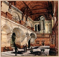 World War I: the Examination Schools, Oxford, while occupied by the Third Southern General Hospital, interior. Watercolour by Walter Spradbery.