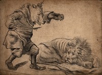 A bear wearing a crown and holding a sword is about to attack a lion lying on a sheet of paper inscribed "Treaty obligation". Pencil drawing.
