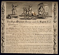 An English fool acting as spokesman for a Dutch quack doctor; an ornate border composed of the paraphernalia of quackery surrounds his proclamation. Engraving by G. Bickham.