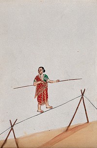 A woman acrobat holding a long stick and walking the tight rope. Watercolour by an Indian artist.