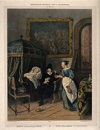 A physician receiving a glass from a female servant while visiting a young female patient who is in bed. Coloured lithograph by P.H.L. Van der Meulen after J. Steen.