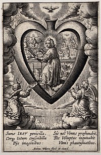 The Christ Child painting pictures (the Last Judgment, the Assumption of the Virgin and a scene from hell) on the inner wall of the believer's heart. Engraving by A. Wierix, ca. 1600.