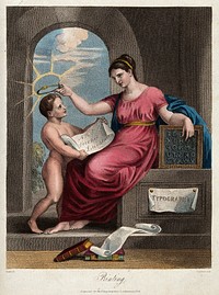 A woman personifying typography crowns a naked boy with a golden serpent; representing printing conferring immortality on the arts, sciences and literature. Coloured engraving by E. J. Roberts after H.J. Richter.