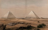 Pyramids at Gîza, Egypt. Coloured lithograph by Louis Haghe after David Roberts, 1848.