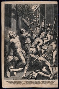 The mocking and flagellation of Christ. Line engraving by G. Sadeler after J. Palma the elder.