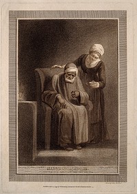 A very old man, suffering from senility. Colour stipple engraving by W. Bromley, 1799, after T. Stothard.