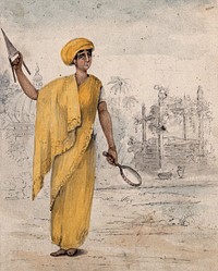 An Indian woman, about to be burned on her dead husband's funeral pyre. Watercolour drawing by Lady Malet, 1814.