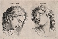 Two faces expressing veneration and rapture. Etching, c. 1760, after C. Le Brun.